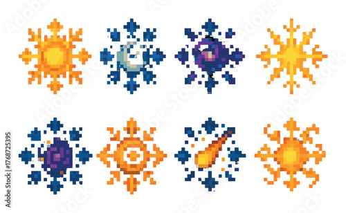 Pixel art cosmic symbols with stars, sun, moon, and comets