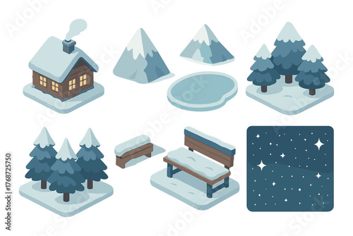 Cozy snowy cabin and winter landscape with pine trees and mountains