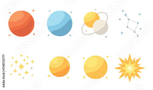 Vibrant cosmic elements and celestial symbols in a luminous display