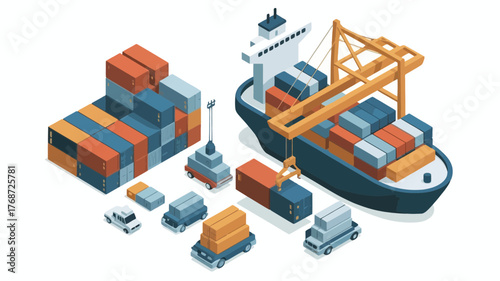Modern cargo ship loading and unloading shipping containers with trucks and gantry crane in isometric view