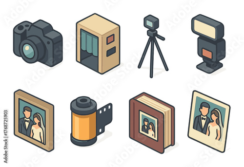 Photography icons: camera, tripod, photo album, film roll, flash, wedding portraits