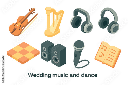 Isometric music and dance elements with instruments, headphones, and microphone