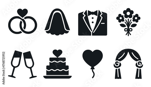 Wedding icon set: rings, attire, flowers, toasts, cake, balloon, arch
