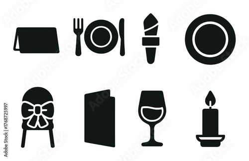 Elegant dining silhouettes: tableware, wine glass, candle, and menu icons