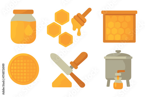 Glowing honey icons: jars, honeycomb, dipper, and beekeeping tools