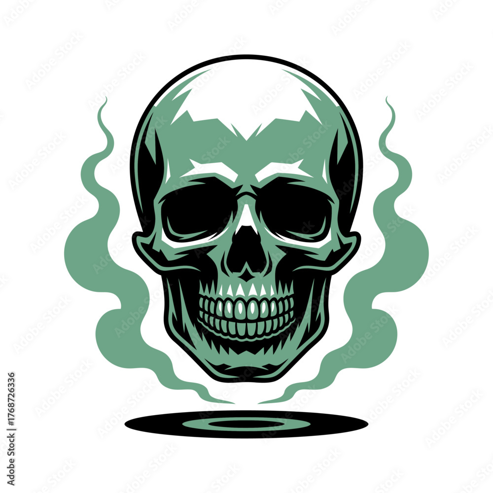 Fototapeta premium glowing green skull with smoke rising vector illustration in horror and halloween style on white background