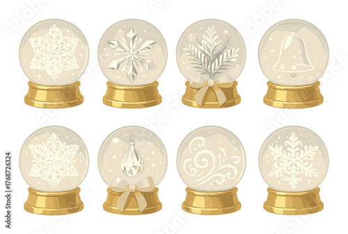 Elegant crystal snow globes with gold bases featuring winter-themed designs