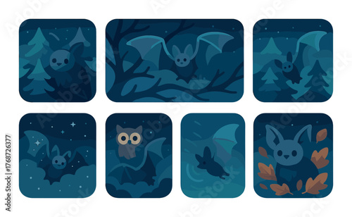 Whimsical nighttime wildlife scenes featuring bats and owl in forest setting