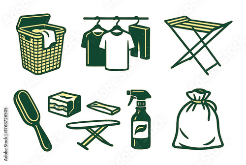 Laundry essentials icons set with basket, hangers, drying rack, lint roller, ironing board, detergent, spray, and bag