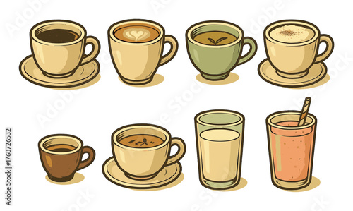 Variety of hot and cold beverages in cups on yellow background