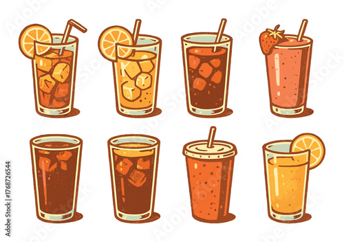 Variety of refreshing iced drinks and smoothies with straw and lemon garnish