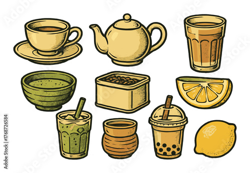 Variety of teas and drinks illustrated against yellow background with lemon and accessories