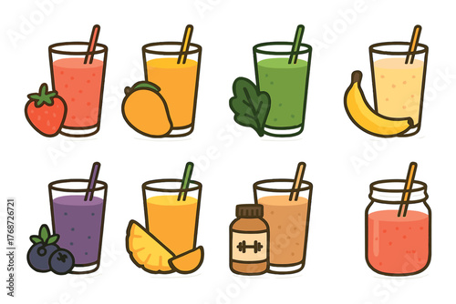 Colorful cartoon smoothies with fruits and ingredients on brown background