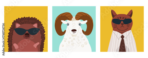 Animals avatars, cute portraits set, hand drawn vector illustration.