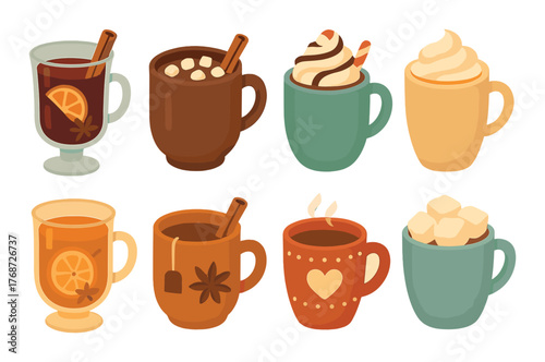 Wallpaper Mural Assorted hot beverages: mulled wine, hot cocoa, coffee, tea, and more in colorful mugs Torontodigital.ca