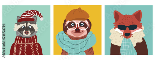 Animals avatars, cute portraits set, hand drawn vector illustration.