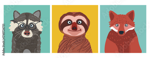 Animals avatars, cute portraits set, hand drawn vector illustration.