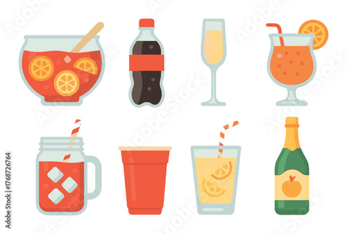 Colorful beverage icons with punch, soda, and cocktail outlines