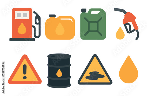 Colorful fuel and hazard symbols set featuring gas canisters and warning signs