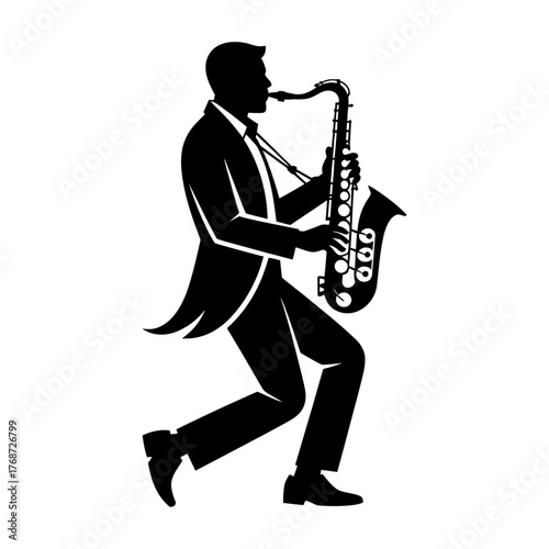 black silhouette of musician playing saxophone vector illustration representing jazz music performance on stage