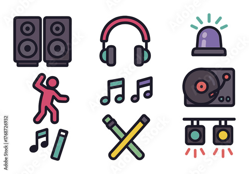 Colorful party icon set with music and dance elements