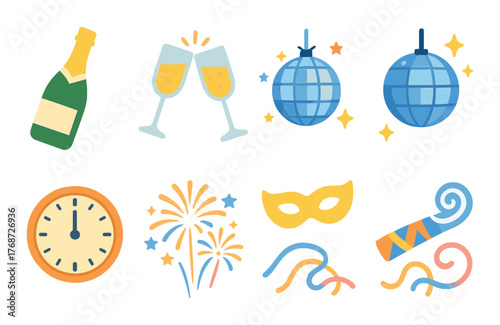 Festive new year's eve elements: champagne, disco balls, fireworks, and celebration icons