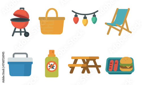Colorful summer picnic icons: barbecue, picnic basket, lights, and more