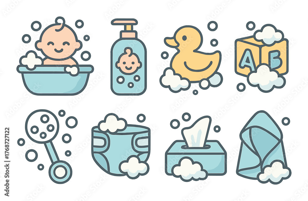 Naklejka premium Cartoon baby bath essentials with cute baby and bath accessories