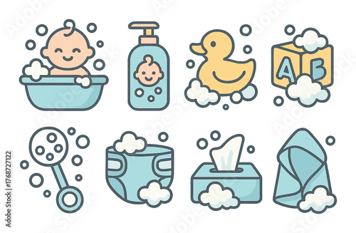 Cartoon baby bath essentials with cute baby and bath accessories