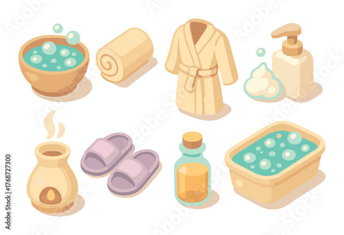 Spa relaxation essentials set with bathrobe, slippers, massage oil, towel, and bath accessories