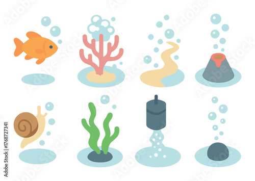Colorful underwater scene with marine elements and bubbles