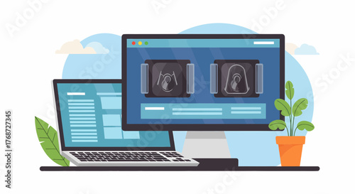 Workspace With Medical Imagery Technology For Diagnosis Illustration