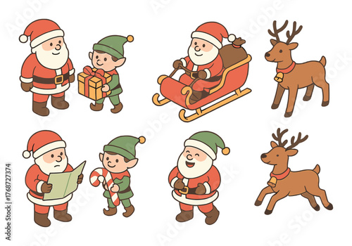 Cartoon santa and elves with reindeer in festive holiday scenes