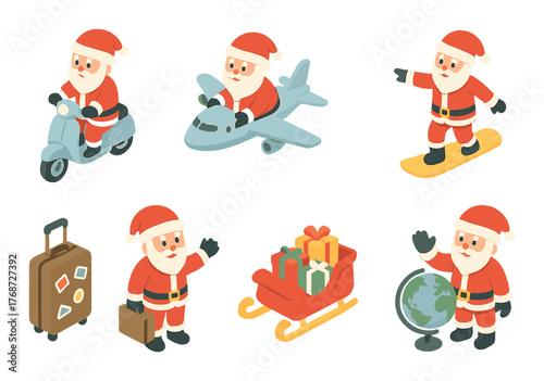 Santa claus adventures: scooter, airplane, hoverboard, globe, and holiday spirit