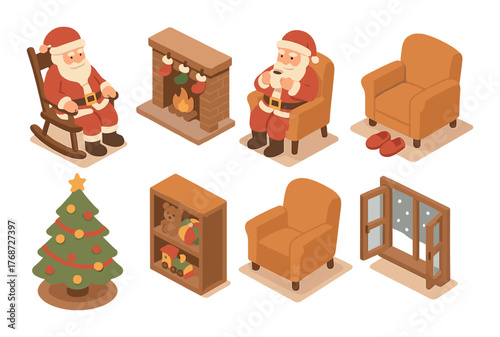 Isometric santa with christmas tree, fireplace, and cozy festive room elements