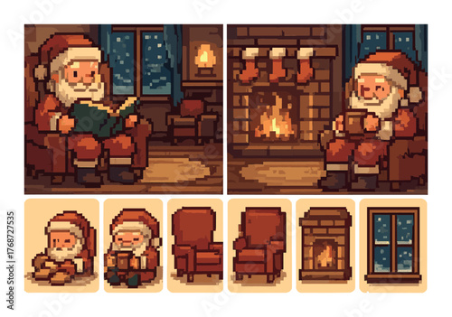 Cozy christmas scene with santa reading by the fireplace in pixel art style