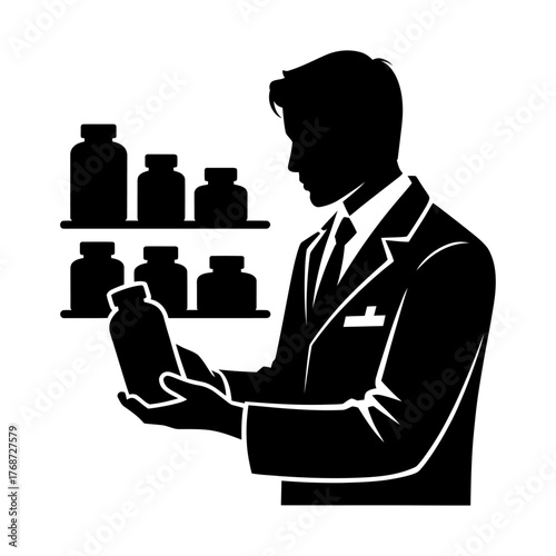 black silhouette of pharmacist holding medicine bottle vector illustration representing healthcare and pharmacy service