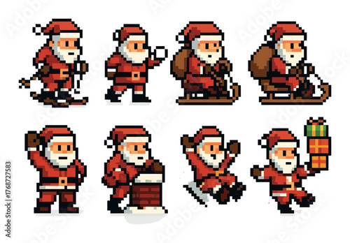 Pixel art santa collection: festive retro characters in various holiday poses and actions