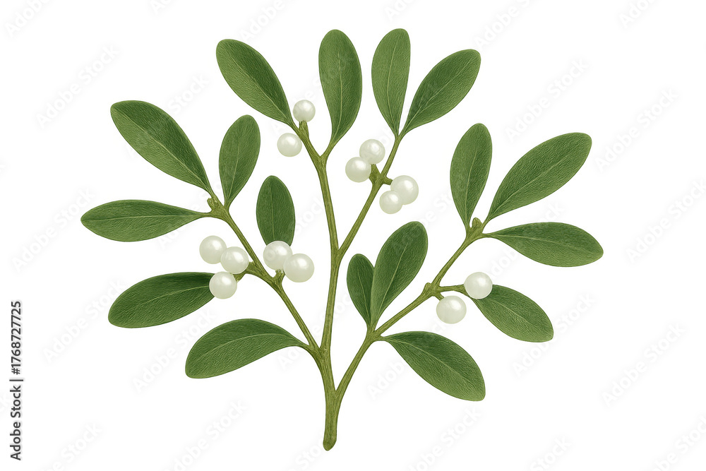 Fototapeta premium Mistletoe sprig with green leaves and white berries, seasonal botanical element for christmas holiday decoration