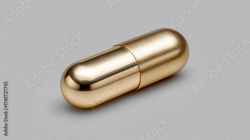 A shiny golden capsule is resting on a smooth grey surface