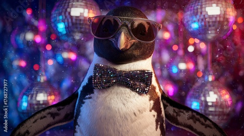 Cool penguin with sunglasses at disco party