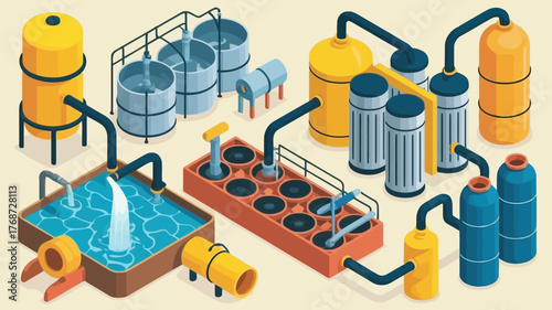 Isometric illustration of a modern water purification plant with tanks pipes and filtration systems for clean water production