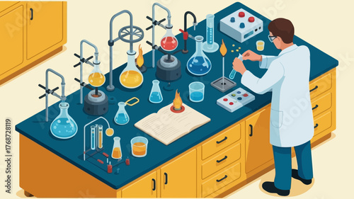 Scientist in a white lab coat conducting a chemical experiment with beakers and equipment on a laboratory bench