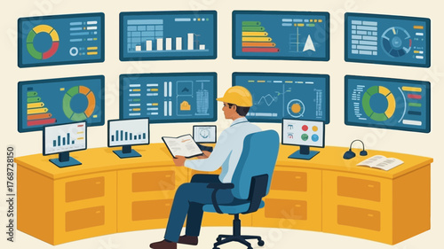Engineer in hard hat monitors complex data on multiple screens in a modern control room environment
