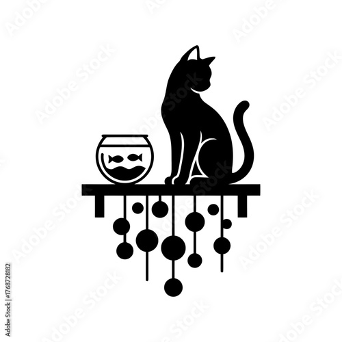 Vector art of silhouette of a cat sitting on a shelf with a fishbowl