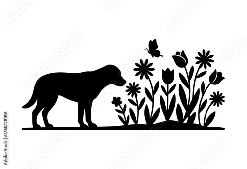 Vector art of silhouette of a dog smelling flowers