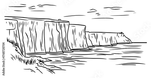 Sea cliff coastline sketch – towering rocky seashore escarpment, minimalist hand‑drawn vector landscape illustration
