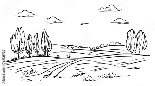 Rolling countryside landscape sketch – rural field with dirt road, tree rows and clouds, minimalist hand‑drawn vector scenery illustration