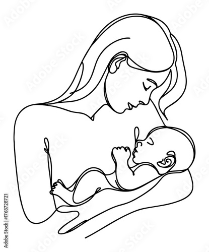 Breastfeeding mother continuous line art – tender minimalist mom nursing newborn baby, symbol of maternal love and bonding, elegant vector illustration