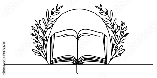 Open book with floral wreath – minimalist education and nature fusion line art vector illustration